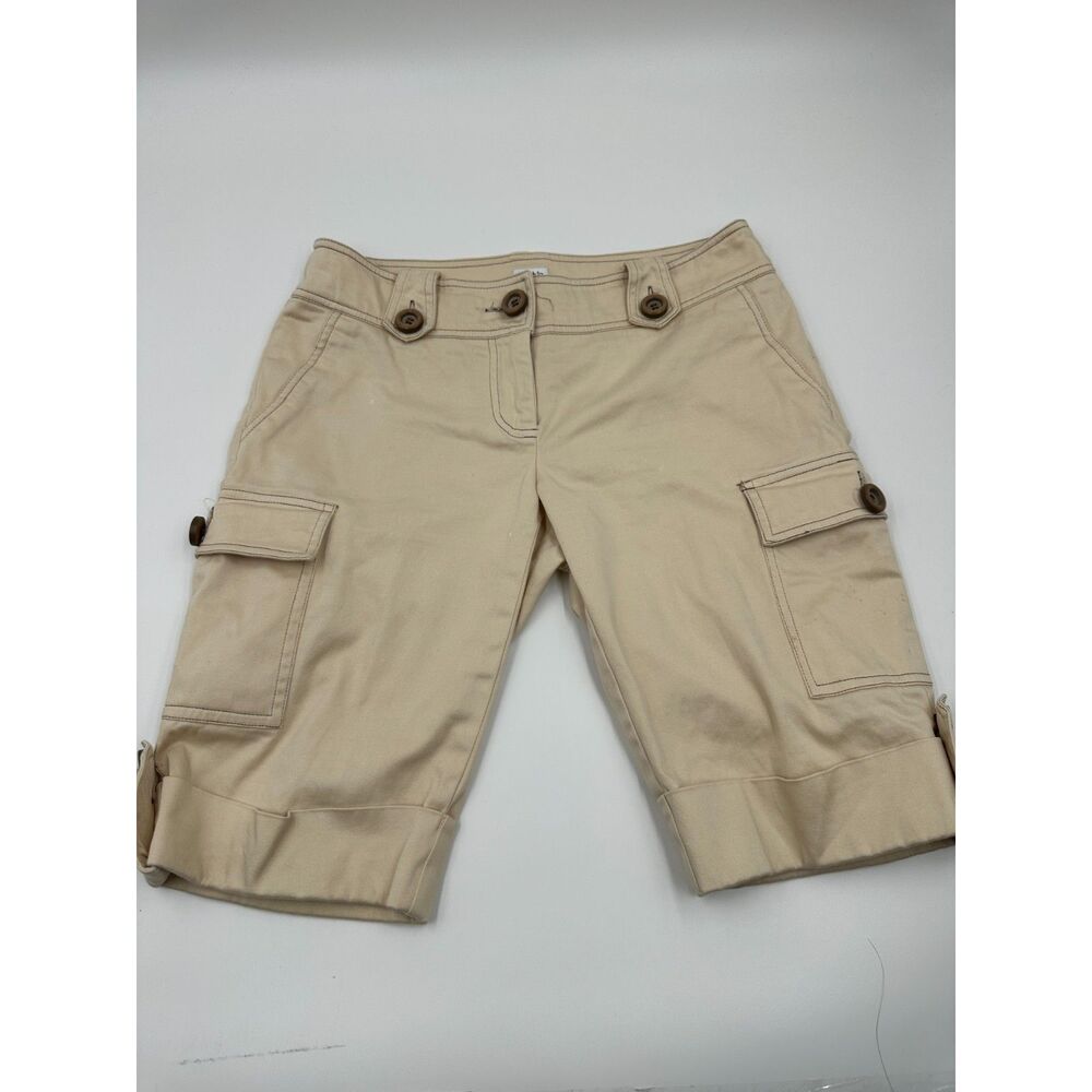 Cache Chino Shorts For Women Flat Front Sz 4 Cargo Pockets Belted Beige EUC